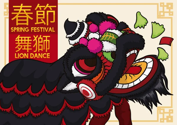 Lechuga de león negro bailando y comiendo para el año nuevo chino, ilustración vectorial — Vector de stock