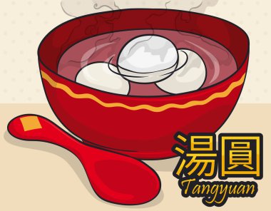 Kaşık ve sıcak Tangyuan tatlılar, vektör çizim ile lezzetli kase