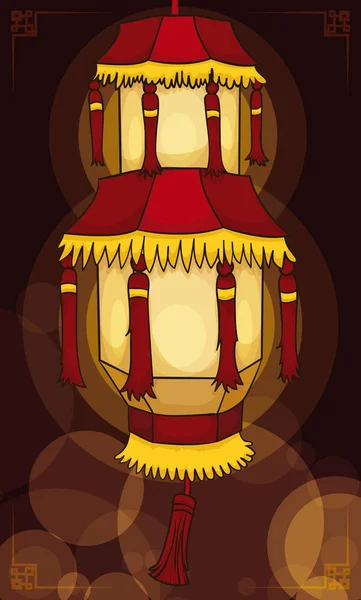 La belle lanterne du palais chinois illumine la nuit avec l'effet Bokeh, illustration vectorielle — Image vectorielle