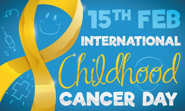 Uluslararası çocukluk kanser günü için altın şerit ve çocuğun karalamalar illüstrasyon vektör