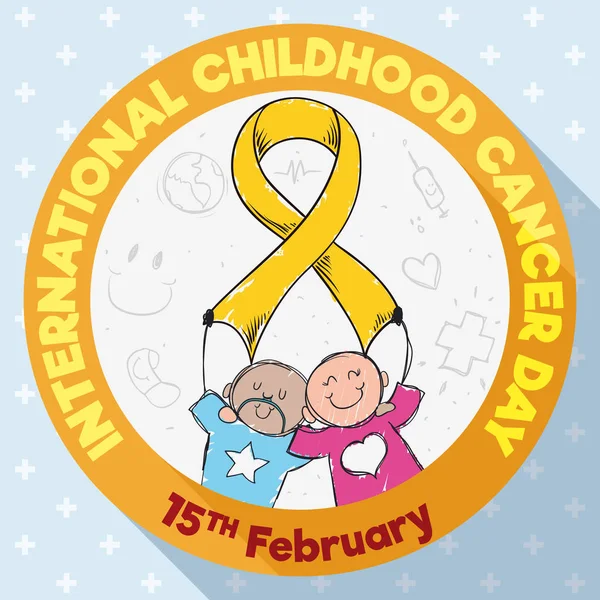 Botón redondo con niños conmemorando el Día Internacional del Cáncer Infantil, ilustración vectorial — Vector de stock