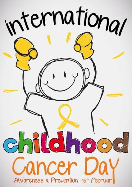 Garabato de niño con guantes de día de infancia internacional contra el cáncer, ilustración vectorial — Archivo Imágenes Vectoriales