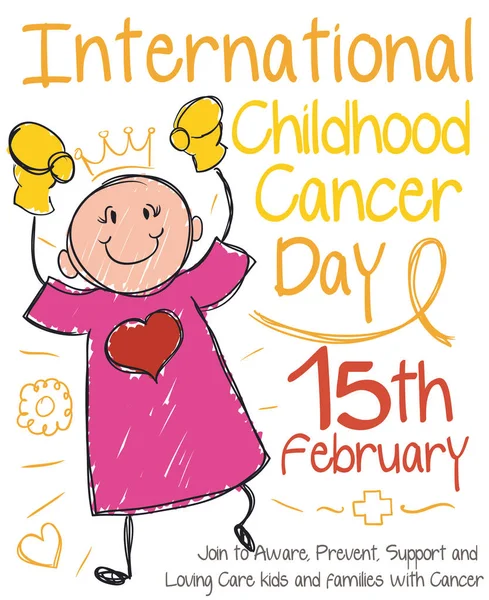 Dibujo lindo de la muchacha del doodle para el día internacional del cáncer de la niñez, ilustración vectorial — Archivo Imágenes Vectoriales