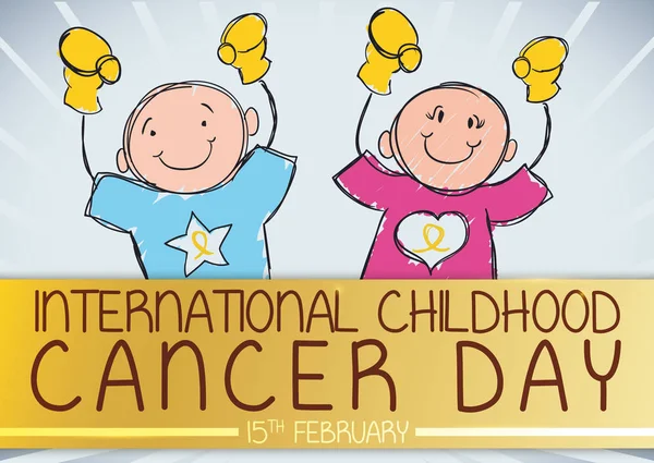 Sevimli erkek ve kız uluslararası çocukluk kanser gün, vektör çizim anısına