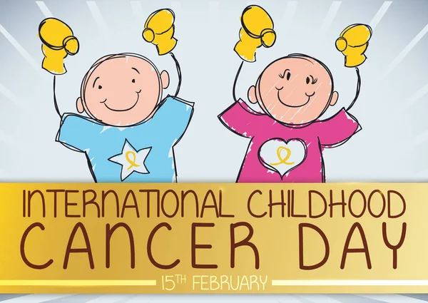 Lindo niño y niña conmemorando el Día Internacional del Cáncer en la Infancia, ilustración vectorial — Archivo Imágenes Vectoriales