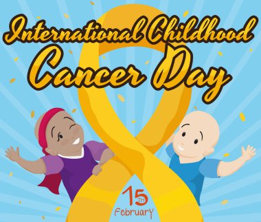 Happy Bald Kids Celebrating Childhood Cancer Day with Golden Ribbon, Vector Illustration clipart