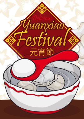 Lantern Festivali veya Yuanxiao için lezzetli sıcak Tangyuan kase hazır illüstrasyon vektör