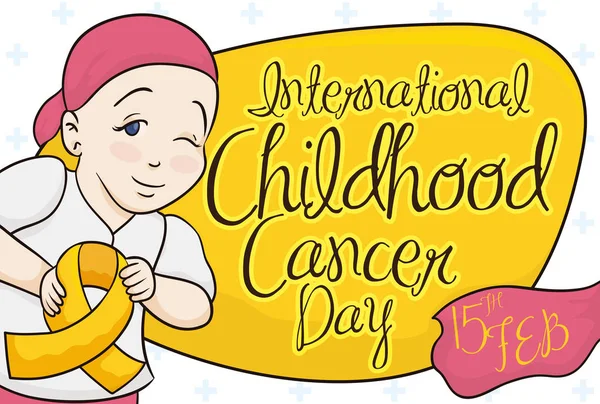 Schattig meisje houdt van een gouden lint in Childhood Cancer dag, vectorillustratie — Stockvector