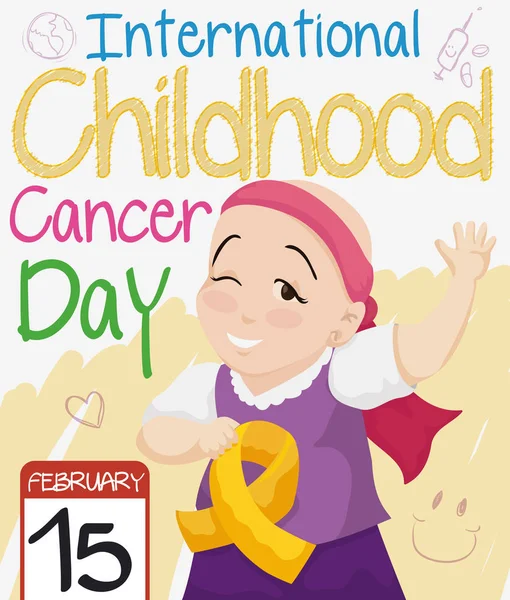 Niña calva saludando en celebración del Día del Cáncer Infantil, ilustración vectorial — Vector de stock