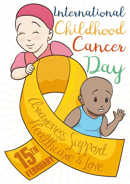 Jongen en meisje over gouden lint voor Childhood Cancer dag, vectorillustratie — Stockvector