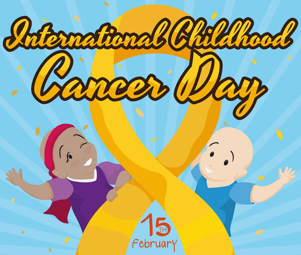 Happy Bald Kids Celebrating Childhood Cancer Day with Golden Ribbon, Vector Illustration