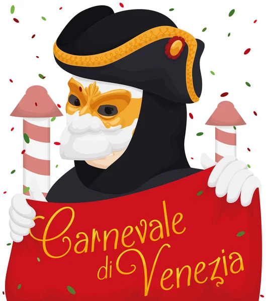 Benátský muž maska Bauta užívat karnevalu, vektorové ilustrace — Stockový vektor