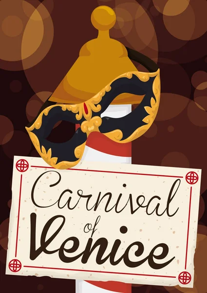 Μάσκα Colombina και σημάδι κατά τη διάρκεια πρόσδεσης Post για βενετσιάνικου καρναβαλιού, εικονογράφηση διάνυσμα — Διανυσματικό Αρχείο