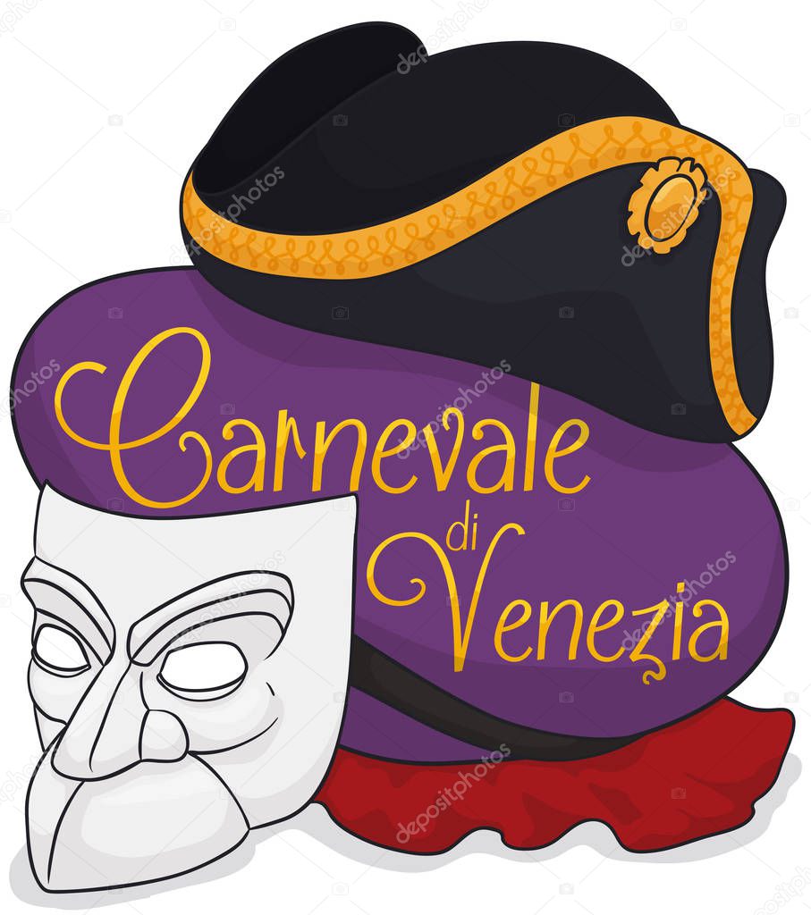White Bauta Mask, Red Cape and Tricorn for Venice's Carnival, Vector Illustration