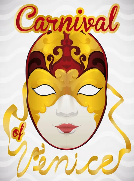 Zlatý a zlacená maska Volto se stuhami připomínající Benátky karneval, vektorové ilustrace — Stockový vektor