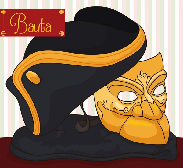 Tradiční maska Bauta, mys a třírohák pro karneval v Benátkách, vektorové ilustrace — Stockový vektor