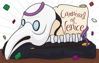 Geleneksel Plague Doktor maskesi ve Venedik Karnavalı, vektör çizim için giyim