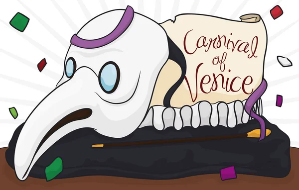 Traditionella Plague Doctor Mask och kläder för karnevalen i Venedig, vektorillustration — Stock vektor