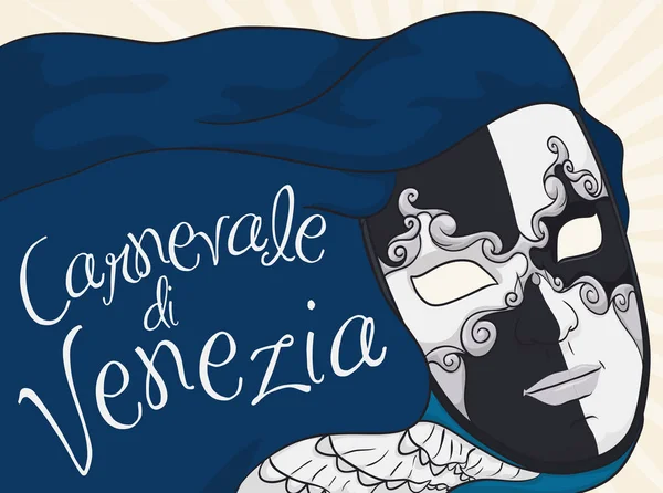 Mascara Volto Tradicional Masculina con Ropa Azul para el Carnaval de Venecia, Ilustración Vectorial — Vector de stock