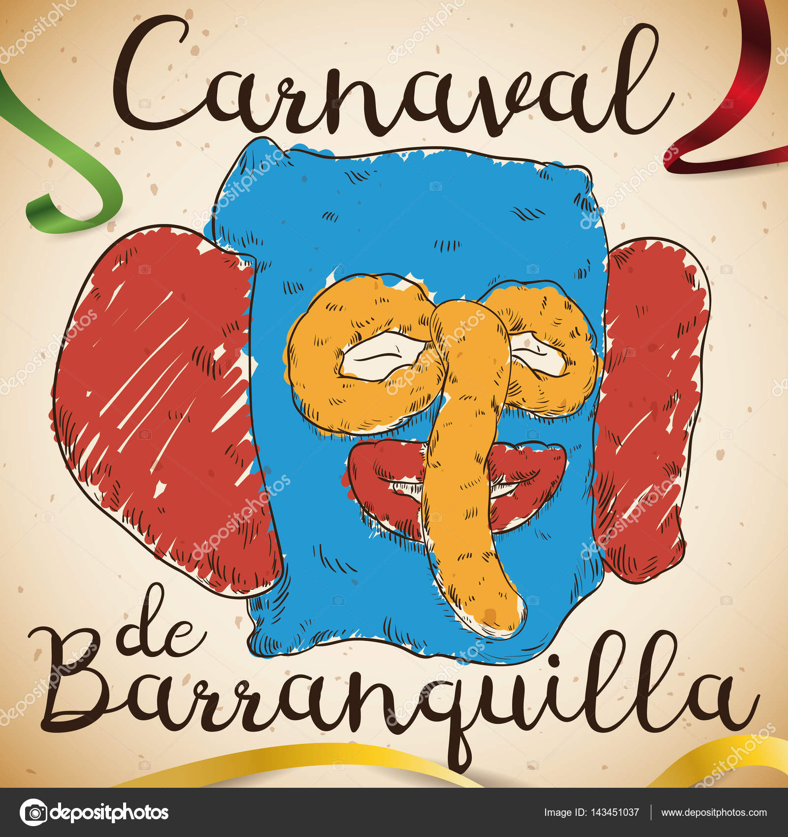 Poster con mano disegno della testa costume tradizionale marimonda colorato disegnato sopra un rotolo ed i nastri per Carnevale di Barranquilla scritto