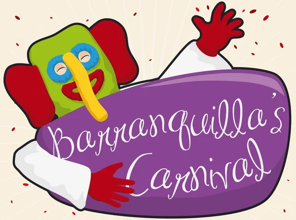 Carácter feliz de Marimonda con confeti y signo celebrando el carnaval de Barranquilla, ilustración vectorial — Archivo Imágenes Vectoriales