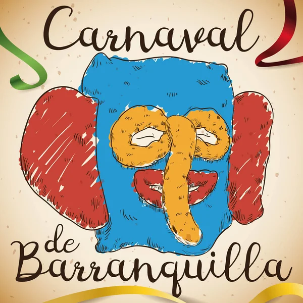 Colorful Hand Drawn Marimonda Design and Ribbons for Barranquilla's Carnival, Vector Illustration — Stock Vector