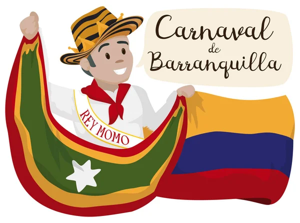 Momo King Celebrando o Carnaval de Barranquilla com Bandeiras da Colômbia e Barranquilla, ilustração vetorial — Vetor de Stock