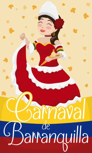 Beautiful Barranquilla's Carnival Queen with Flowers Rain and Colombian Flag, Vector Illustration — Stock Vector