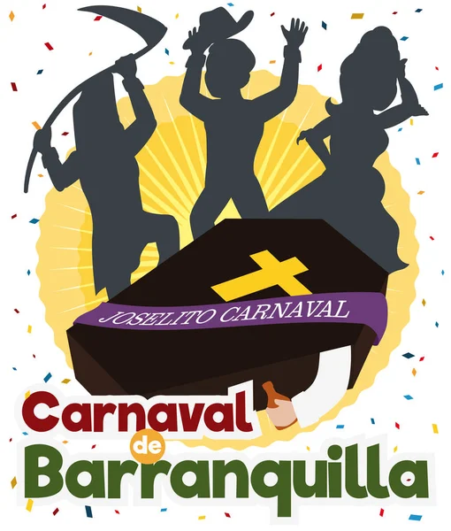 Traditional Joselito's Burial with Festive People Silhouettes for Barranquilla's Carnival, Vector Illustration — Stock Vector