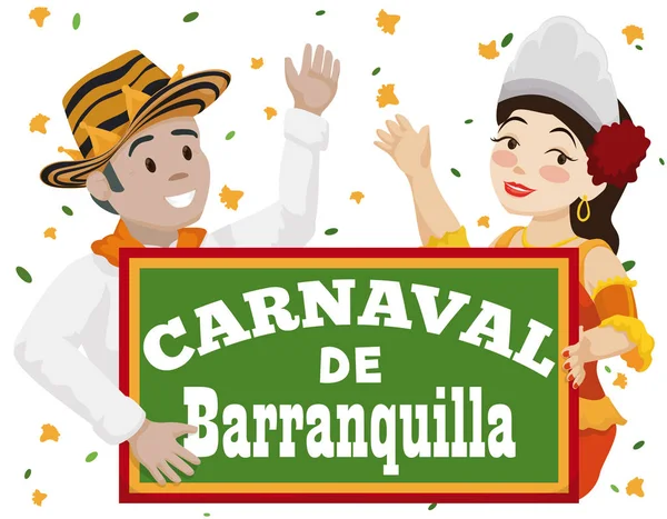 Momo koning en Barranquilla de koningin van de Carnaval vieren Battle of Flowers, Vector Illustratie — Stockvector