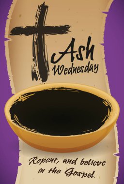 Kaydırma İncil kelime ve çapraz, Ash Wednesday, vektör çizim için kase