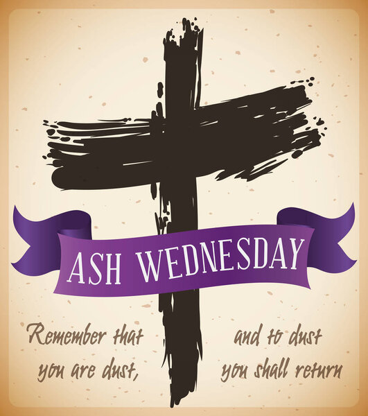 Beginning of Lent with Ash Wednesday Cross with Ribbon, Vector Illustration