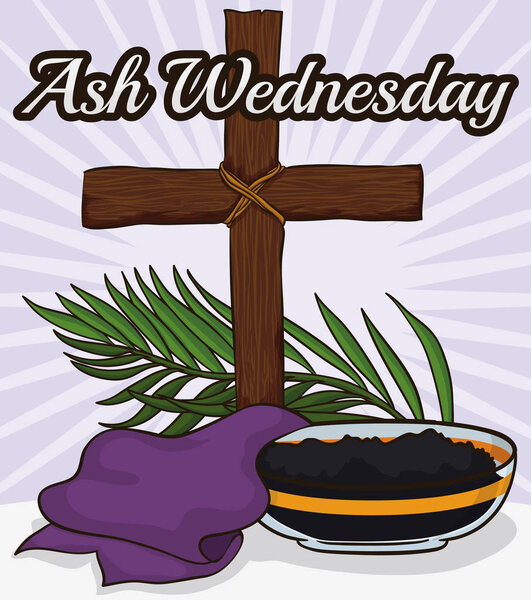 Wooden Cross, Stole, Palm Branch and Bowl for Ash Wednesday, Vector Illustration