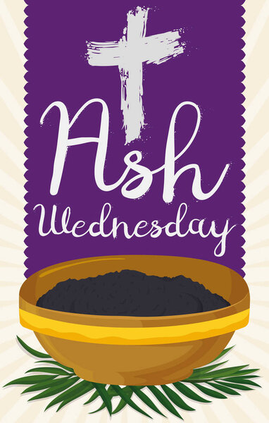 Ash Wednesday Design with Cross, Purple Stole, Bowl and Palms, Vector Illustration