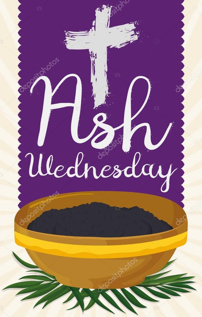Ash Wednesday Design with Cross, Purple Stole, Bowl and Palms, Vector Illustration