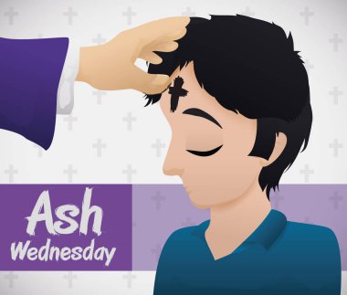 Young Man Receiving the Blessed Cross on Ash Wednesday, Vector Illustration clipart