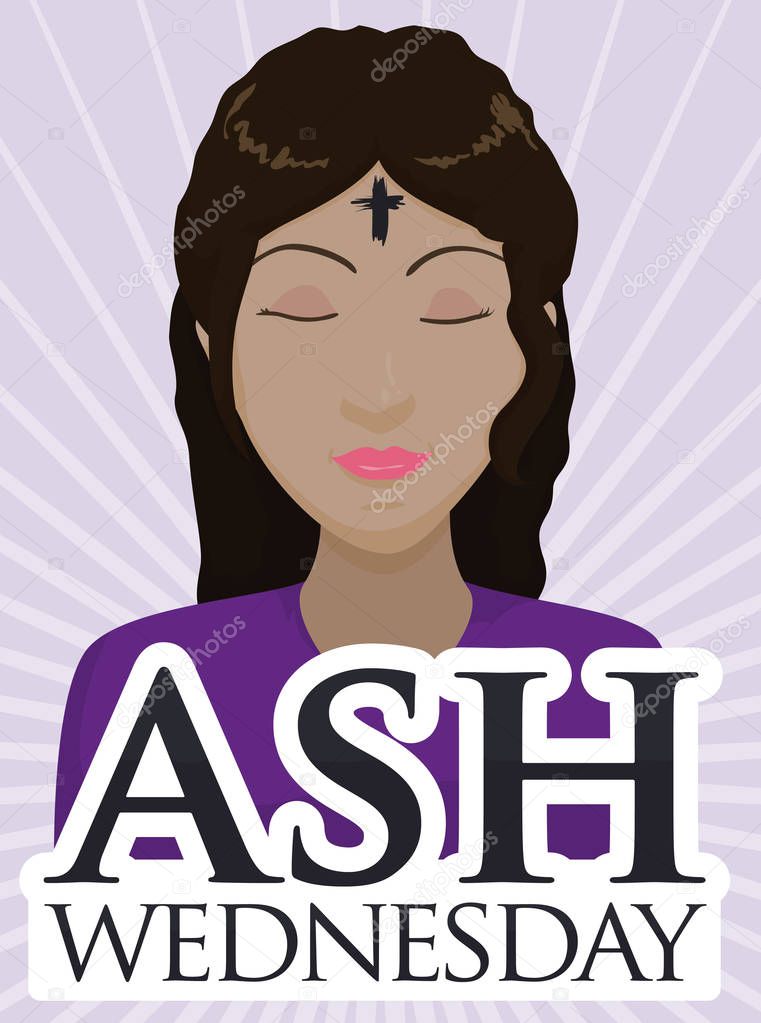 Ash Wednesday Design with Brunette Woman Receiving the Ash Cross, Vector Illustration