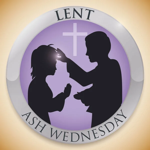 Rahip ve kilise cemiyeti siluetleri Ash Wednesday, vektör çizim için yuvarlak düğmeyle — Stok Vektör
