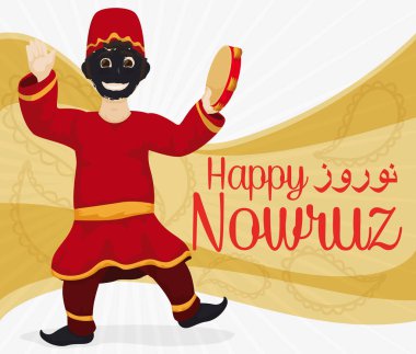 Traditional Man Disguised as Hajji Firuz with Tambourine Celebrating Nowruz, Vector Illustration clipart