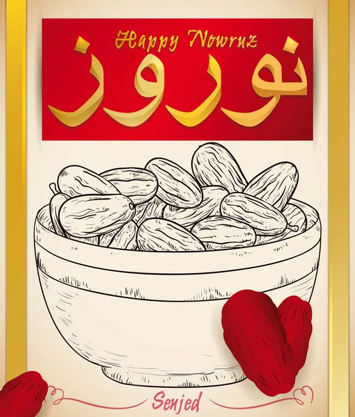 Diseño dibujado a mano de Senjed con frutas secas para Nowruz, ilustración vectorial — Vector de stock