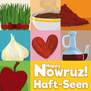 Nevruz, vektör çizim geleneksel Tablo ayarı için kare tasarım elemanları ile
