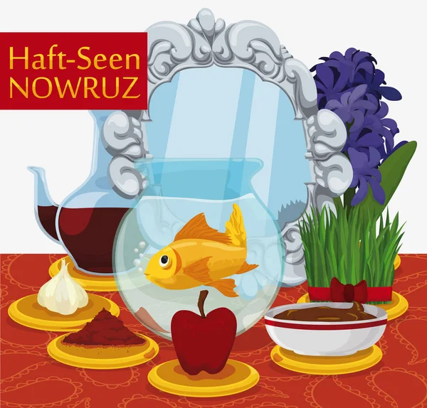 Traditioneller Tisch bereit für Nowruz-Feier, Vektorillustration — Stockvektor