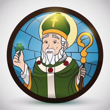 Round Button like Stained Glass with Saint Patrick's Image, Vector Illustration clipart
