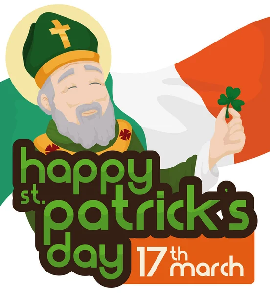 Smiling Saint Patrick Holding a Clover over Waving Flag of Ireland, Illustrazione vettoriale — Vettoriale Stock