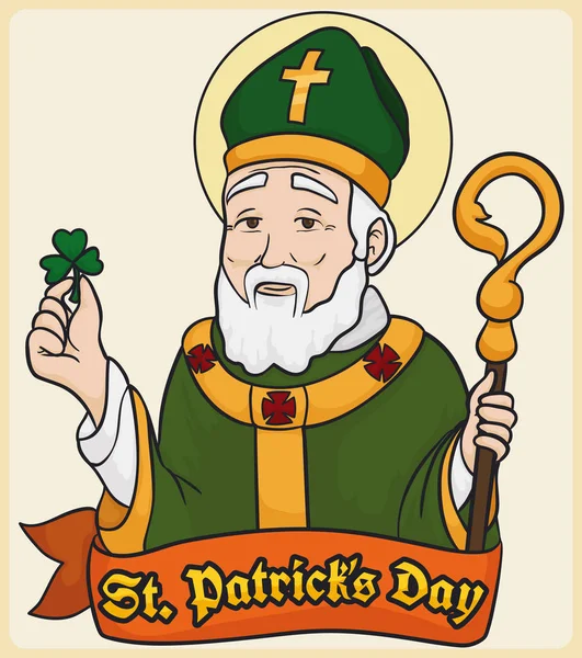 Skyddshelgon för Irland: St. Patrick med klöver, vektor Illustration — Stock vektor