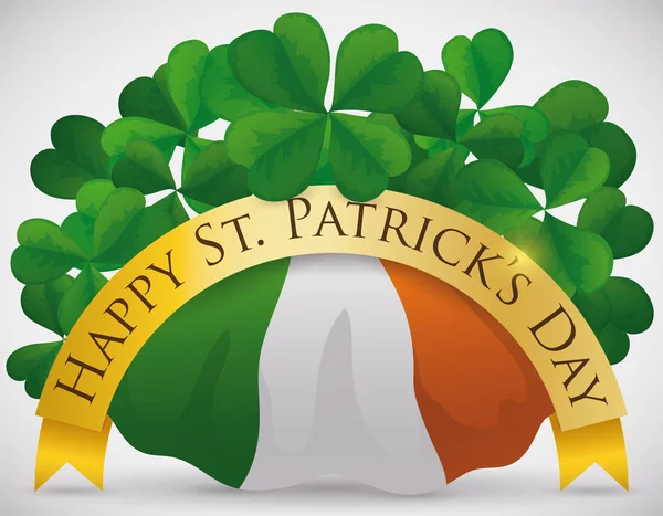 Bandera de Irlanda, tréboles y cinta de felicitación para el Día de San Patricio, Vector Illustration — Archivo Imágenes Vectoriales