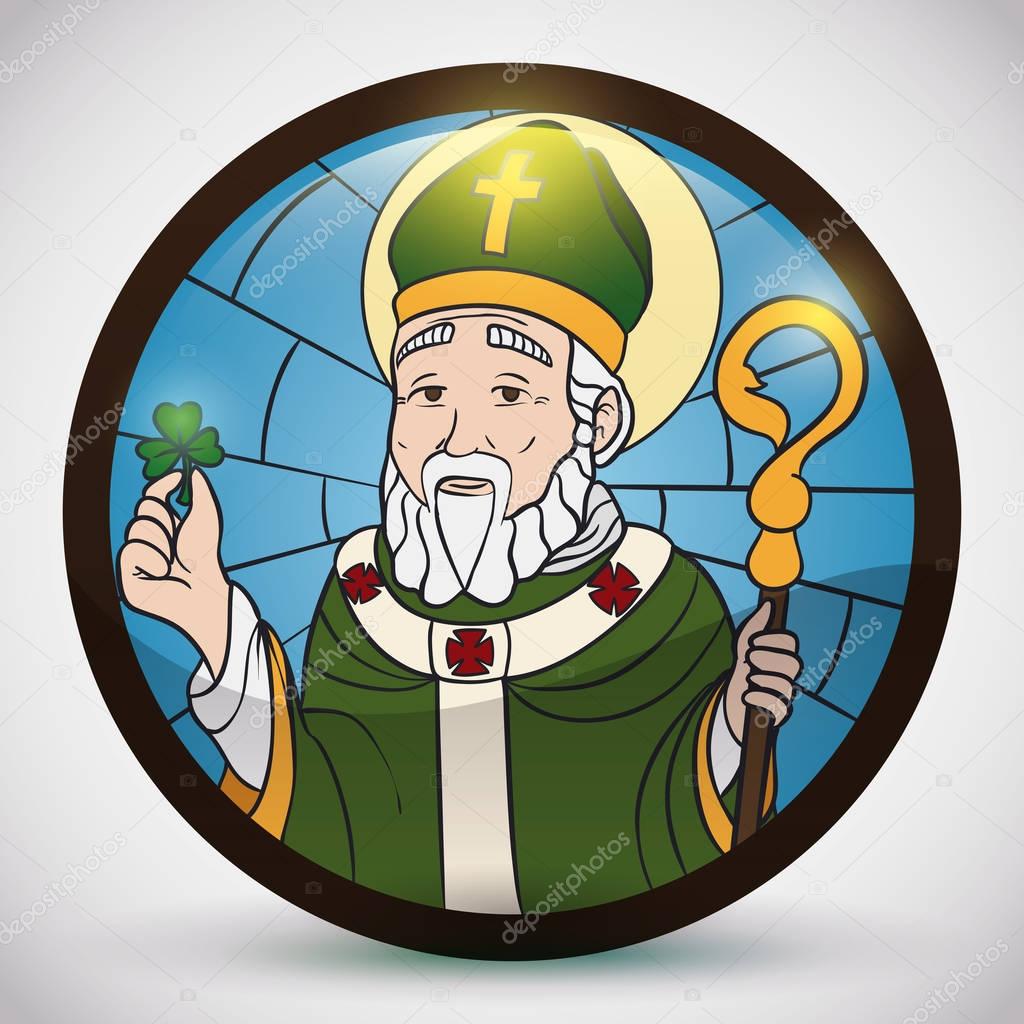 Round Button like Stained Glass with Saint Patrick's Image, Vector Illustration