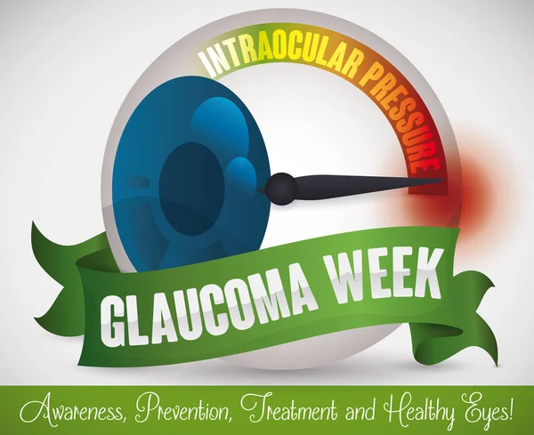 Ojo como Manómetro y Cinta Verde para la Semana Mundial del Glaucoma, Ilustración de Vectores — Vector de stock