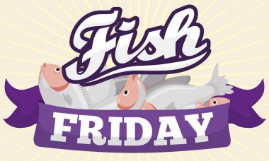 Fishes behind a Purple Ribbon for Fish Friday in Lent, Vector Illustration clipart