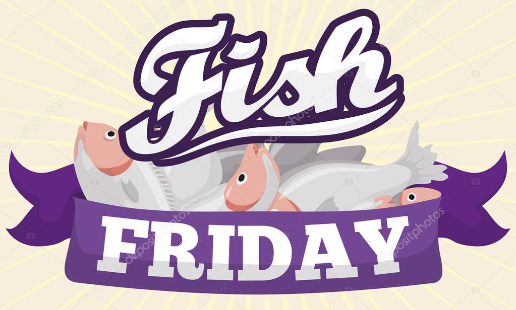 Fishes behind a Purple Ribbon for Fish Friday in Lent, Vector Illustration